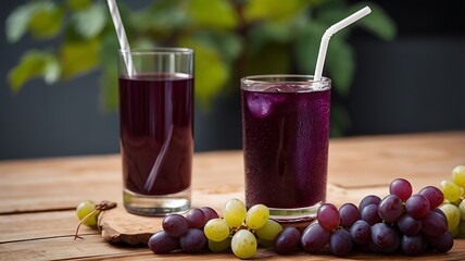 A deep purple grape juice with fresh grapes on the side and a stylish glass straw