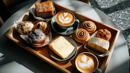 カフェラテとたくさんのパンが乗っているトレー