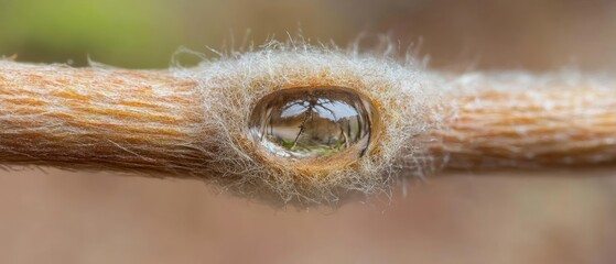 Obraz premium Macro Photography of Water Droplet on a Fuzzy Branch Reflecting Nature's Beauty
