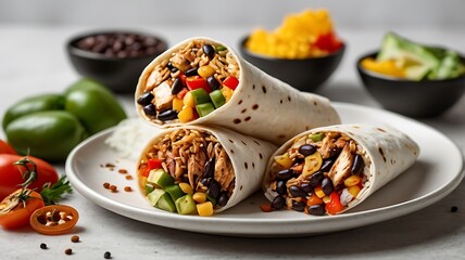 A delicious burrito cut in half, revealing seasoned rice, grilled chicken, black beans, and fresh vegetables, displayed on a white background