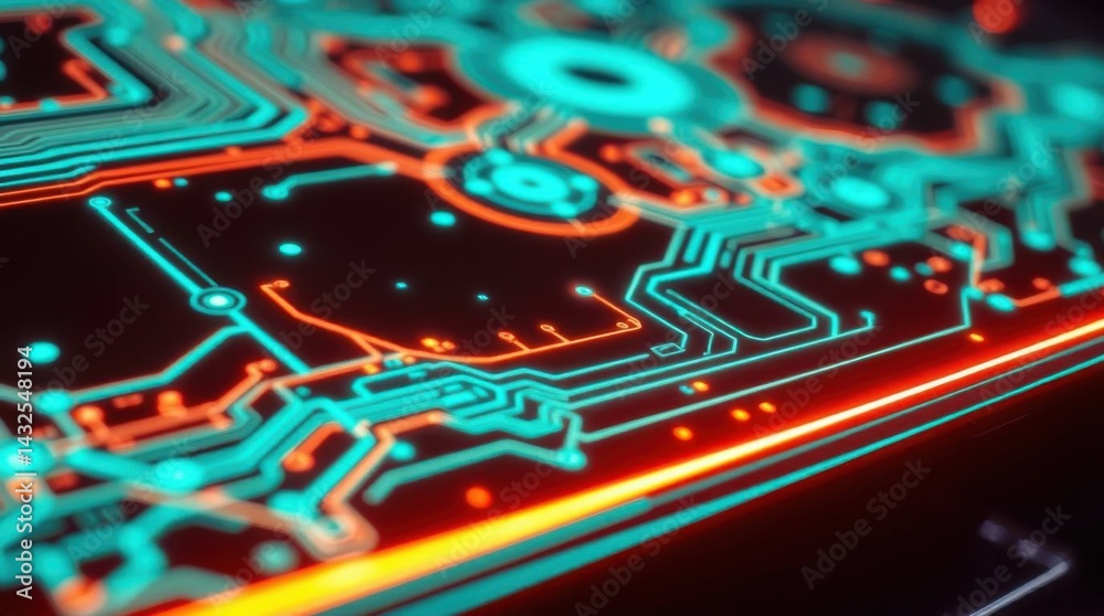 Poster glowing circuit board illustration with abstract technology design style