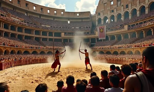 Archers Duel in Ancient Colosseum Arena Before a Massive Crowd