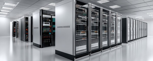 A modern hospital server room with glowing network equipment - glowing internet fiber