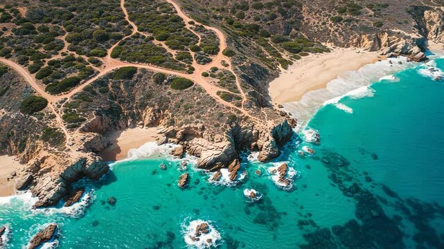 Aerial view of a beach with turquoise water and rocky cliffs in cabo san lucas