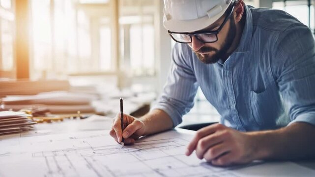 Focused architect drafting plans with precision