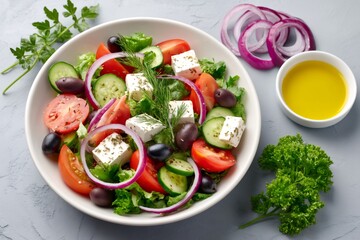 Fresh Greek salad with feta cheese, tomatoes, cucumbers, olives, red onion and olive oil dressing