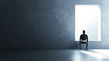 Obraz premium Solitude Contemplation: A Man Silhouetted Against a Bright Window in a Minimalist Room
