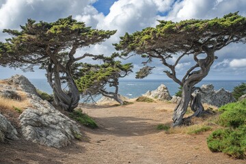 Fototapeta premium Coastal path leads through gnarled trees and rocks under a cloudy sky.