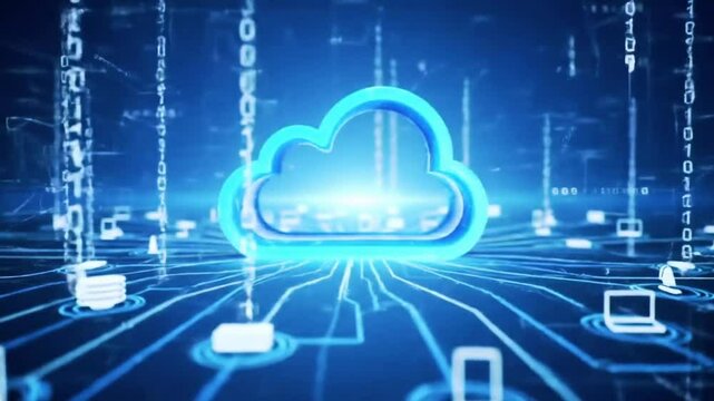 Cloud computing technology concept with glowing blue cloud and devices connected