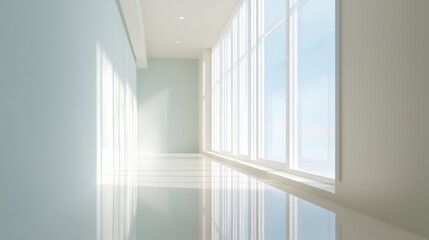Fototapeta premium Bright and airy interior space with large windows and natural light creating a serene atmosphere for relaxation and creativity mock up
