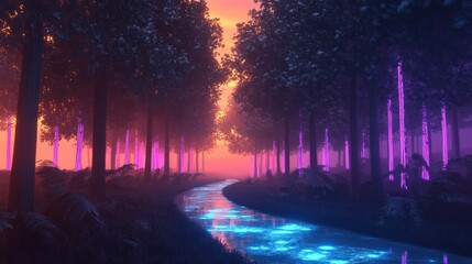 Obraz premium Mystical forest bathed in ethereal light with luminous river flowing through