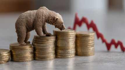 Bear Market Recession: A miniature bear figurine perched atop stacks of coins, symbolizing a market downturn alongside a descending red graph, representing economic decline.