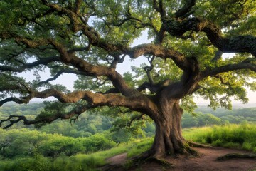 Fototapeta premium Majestic oak tree standing on a hill overlooking a green valley