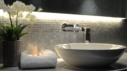 Under-cabinet LED light strips glowing on new vanity tiles