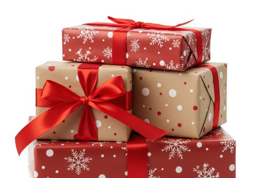 A stack of christmas presents wrapped in red and brown paper with red ribbons on a white background