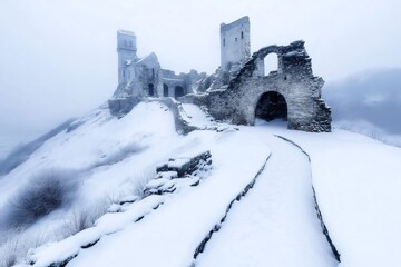 Ruins of Castle standing on a hill covered by snow during winter