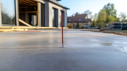 Workerless scene of grout injection point marked on a construction slab