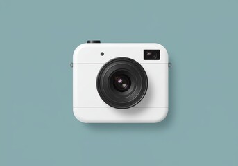 A minimalist white camera with a black lens on a light blue background in a centered close up shot