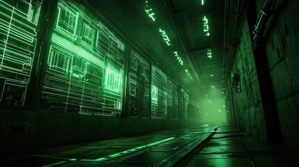 Futuristic, glowing green corridor with digital displays