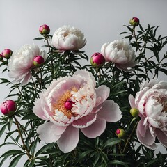A peony bush in full bloom, white backdrop