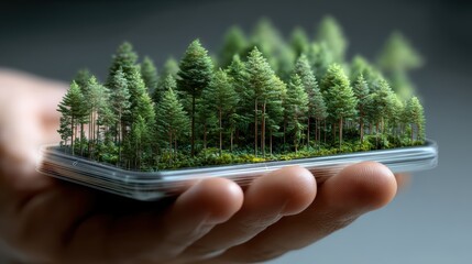 Conceptual photo of hand holding smartphone with digital forest growing out of screen, representing green technology, ecology, and virtual sustainability, copyspace for text