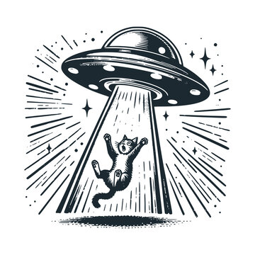 Black White Vector Illustration of a Surprised Cat Abducted by a UFO: A Vintage Engraved