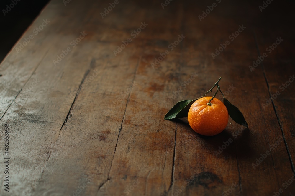 Poster a fresh mandarin orange with vibrant color sits on a rustic wooden surface, its leaves enhancing its