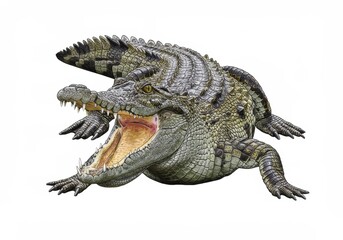 A drawing of a crocodile with its mouth wide open, showing its teeth on a white background