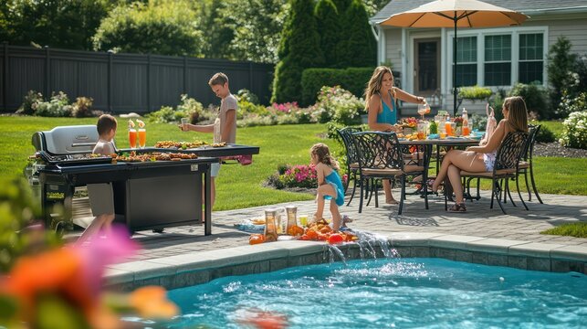 Backyard barbecue bash with family by pool