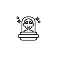 A black and white line drawing of a person with a smiling face and geometric shapes on their forehead, enclosed in a dome with sparkling elements.