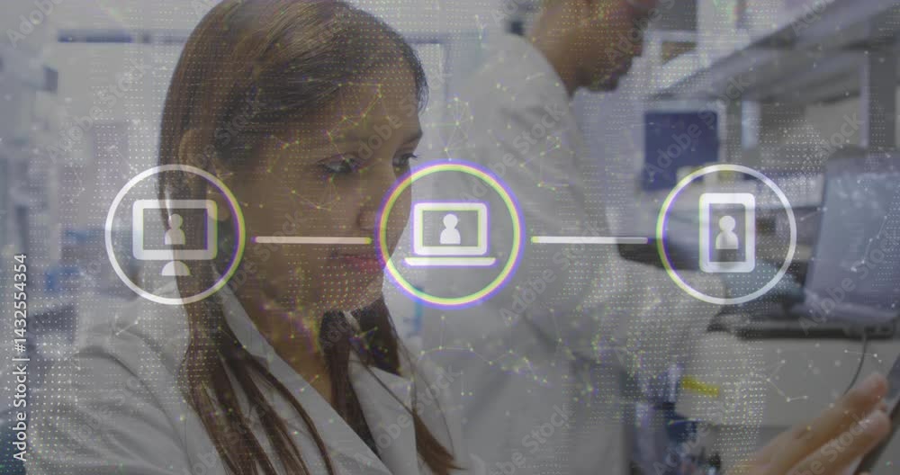 Poster female scientist analyzing data at tech lab bench overlaying network graphics with device icons