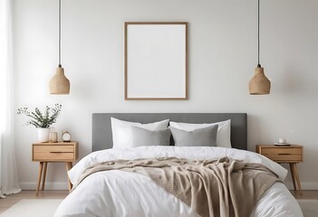 Modern Bedroom Blank Frame Mockup Above Bed