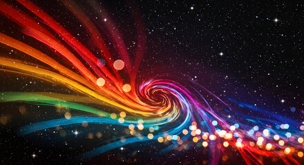 Obraz premium Abstract swirl with multicolored light trails on dark starry background