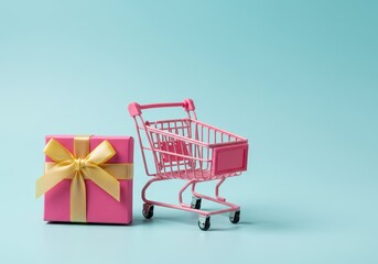 A pink gift box with a gold ribbon and a miniature pink shopping cart on a light blue background