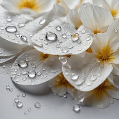 A close-up of water droplets on petals, white background