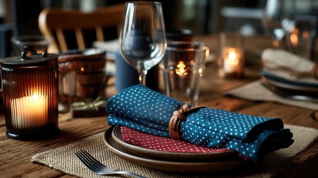 Elegant dinner table setting with candlelight at rustic restaurant