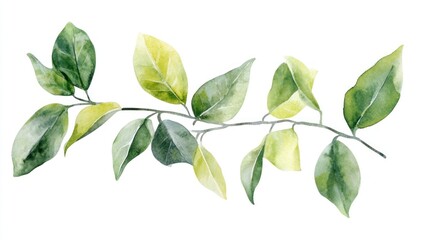 Fototapeta premium Watercolor illustration of a leafy branch with varying shades of green and yellow leaves