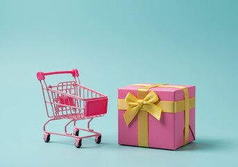 A pink shopping cart and a pink gift box with a gold ribbon on a light blue background studio shot
