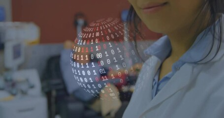 woman data scientist examining holographic binary sphere in lab, showcasing technology interface - Powered by Adobe