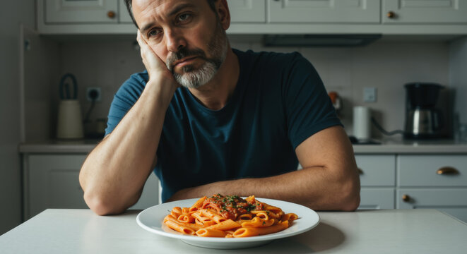 Middle aged man with sad expression looking at plate of pasta in kitchen. Loss of appetite concept for depression awareness and mental health support campaigns