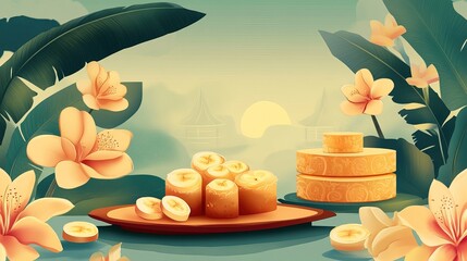 Banana leaves and Thai desserts as background