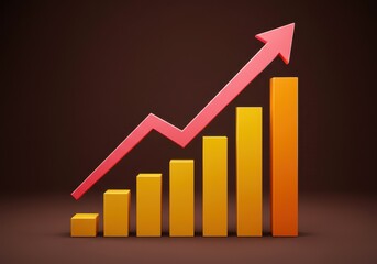 A bar graph showing an upward trend with a red arrow indicating growth on a brown background