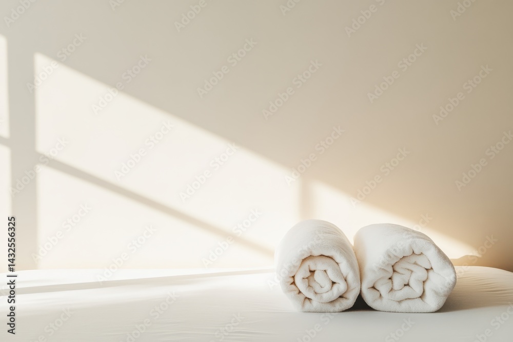 Aufkleber soft light highlights a neatly arranged white bedding set featuring a plush pillow and folded duvet 