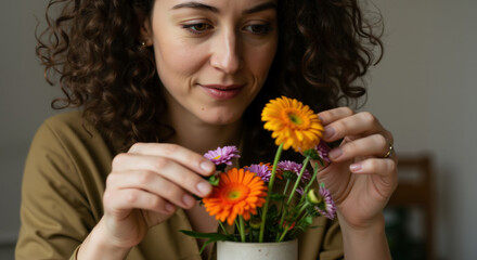 Naklejka premium Woman with curly hair arranging colorful gerbera flowers in white vase. Young female florist with gentle smile creating bouquet. For floristry business and flower arrangement workshops advertising