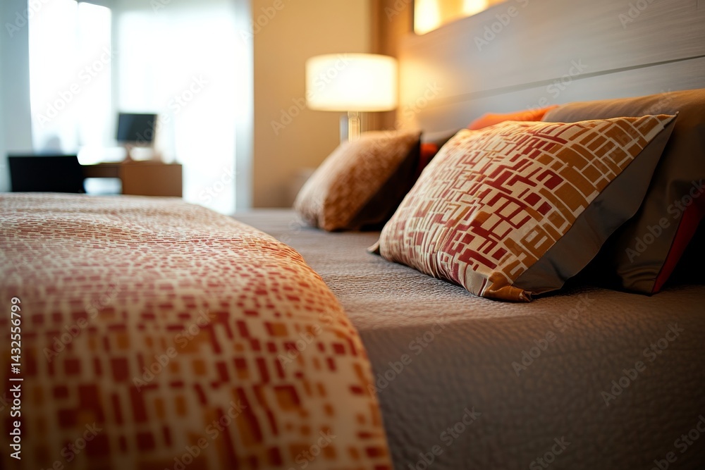 Poster Modern bedding set in rich reds and beige creates a warm, inviting bedroom setting, featuring geometric patterns and soft lighting for relaxation and comfort