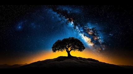 Silhouette Tree on Hill Against Starry Night Sky and Milky Way