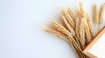 Book with wheat next to it, on a white background
