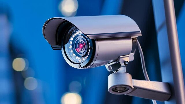 Modern security camera with bokeh backdrop capturing digital safety and surveillance