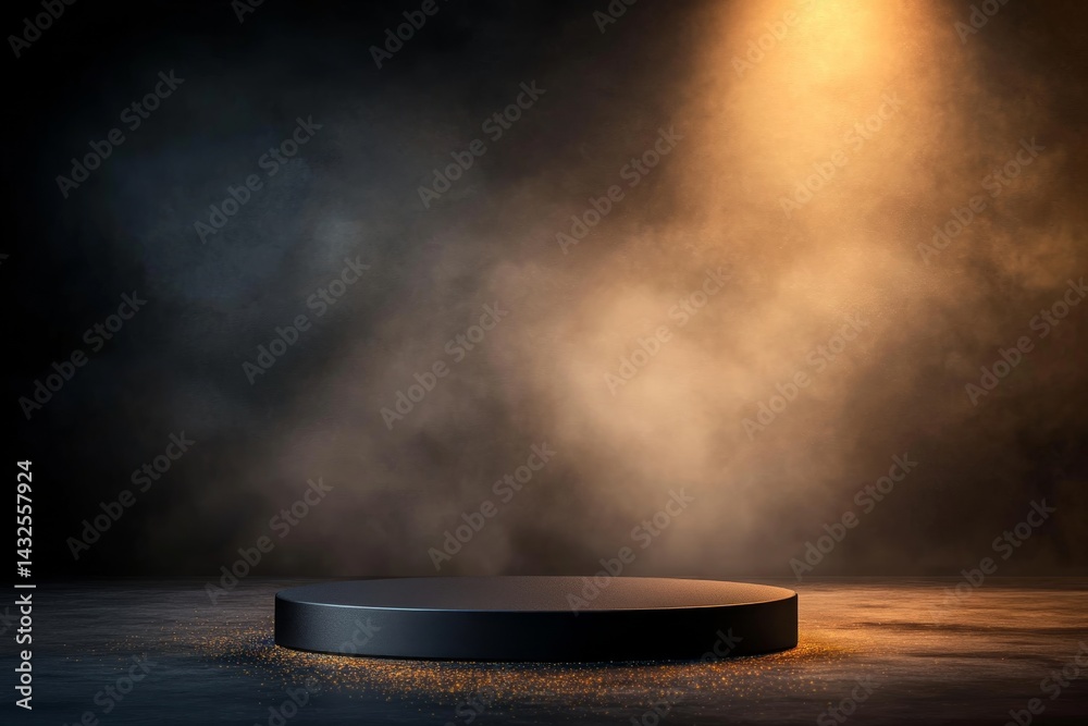 Poster sleek black podium with a matte finish illuminated by a spotlight, adorned with golden glitter, crea