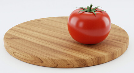 Round wooden cutting board with a fresh red tomato beside it, isolated on white background, generative ai